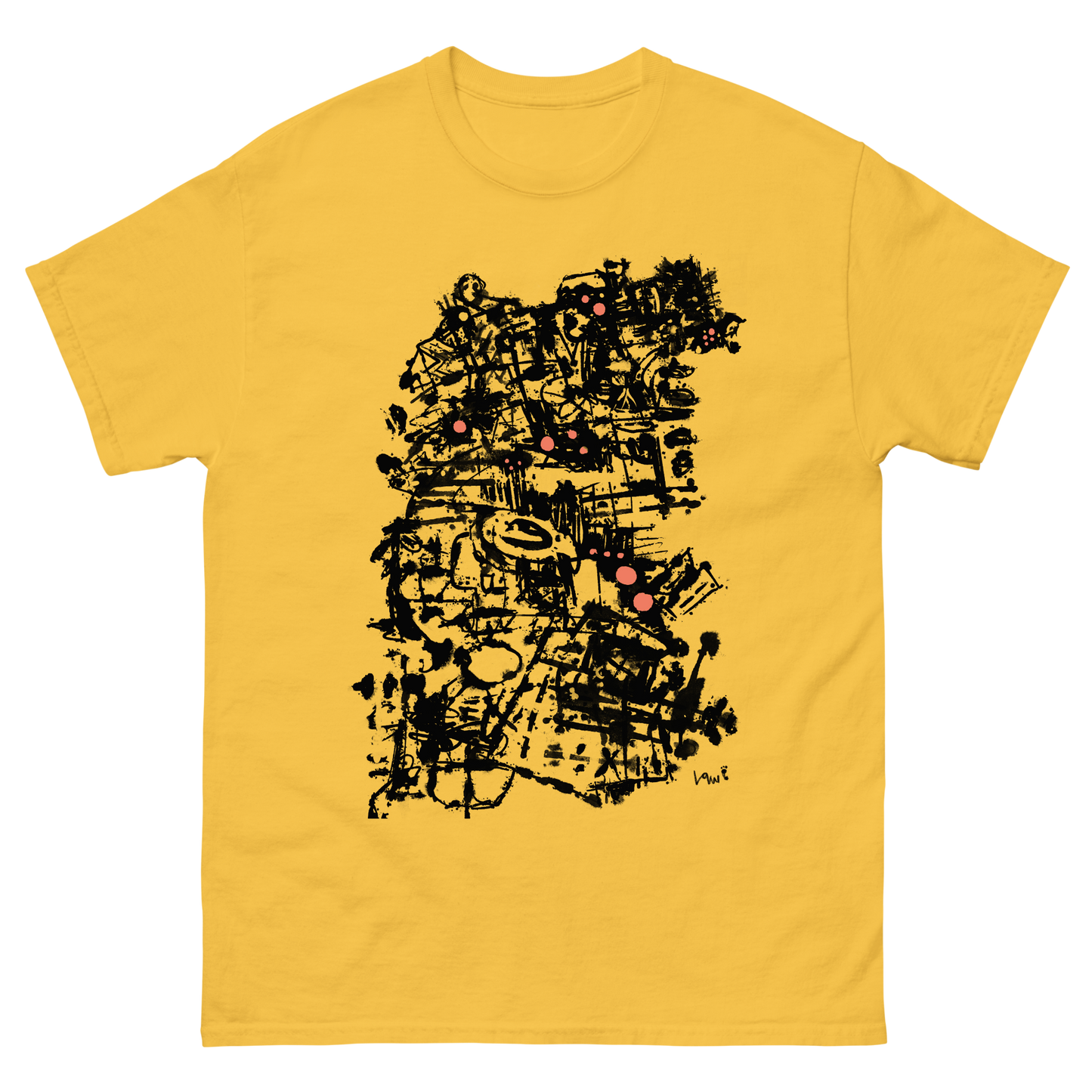 Brush ink of a woman's face on a Yellow t-shirt painted loosely