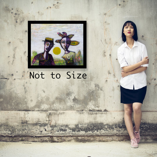 Woman standing next to a wall with a framed artwork of two stylized faces and a sun.