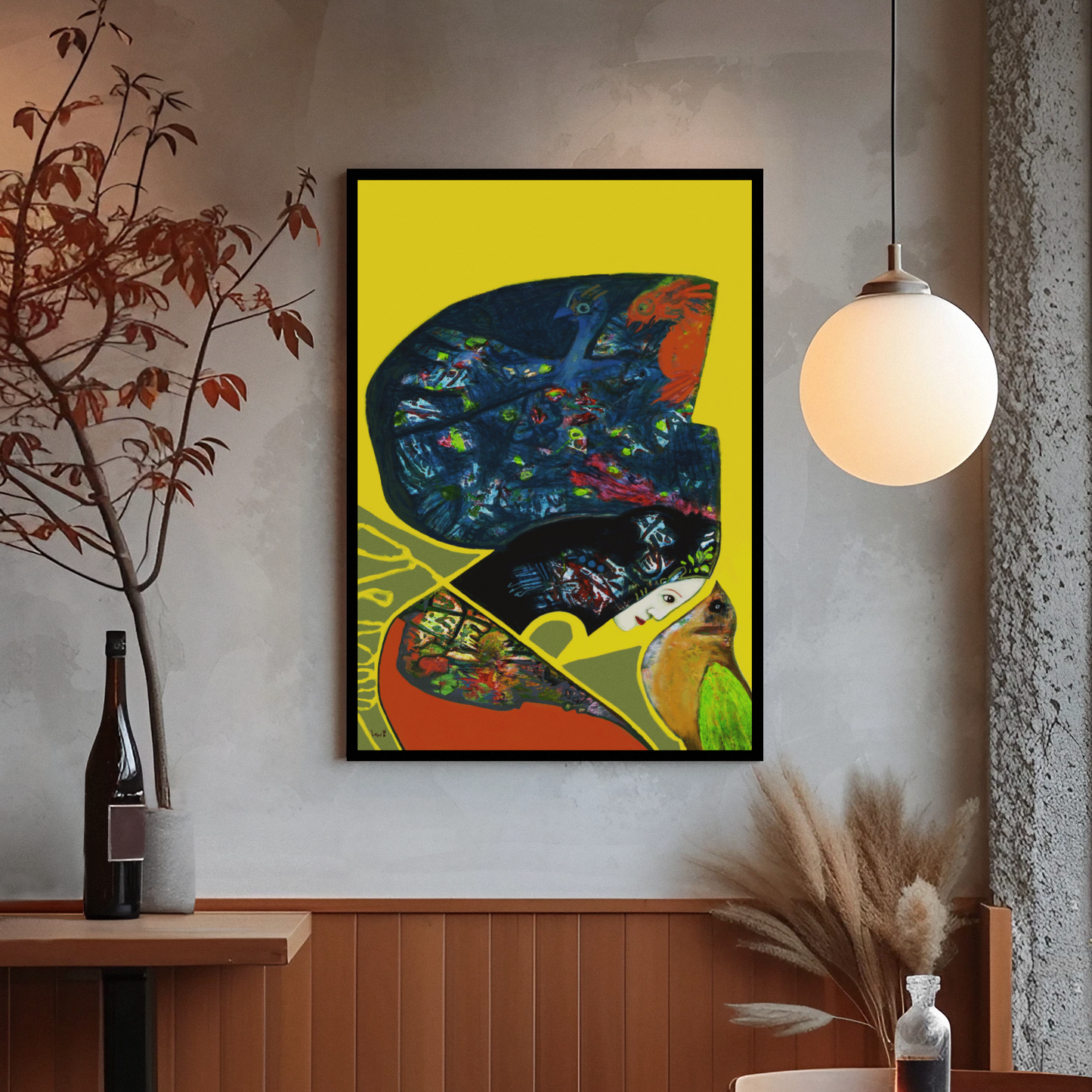 Colorful abstract painting of a Chinese girl and a bird on a wall in a room with a table and decorative elements.