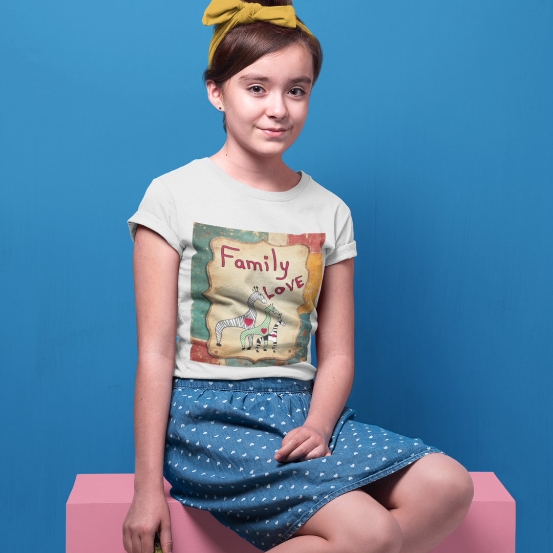 Young girl wearing a t-shirt with a graphic design sitting on a pink box against a blue background