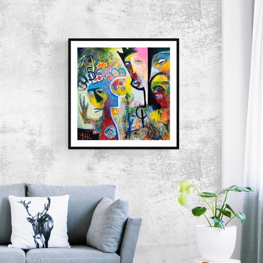 Colorful abstract painting in a living room setting with a gray sofa and decorative pillows.
