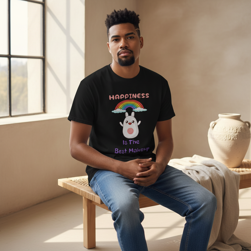 Model wearing black Happiness Is The Best Makeup unisex t-shirt in natural light - lifestyle product photo