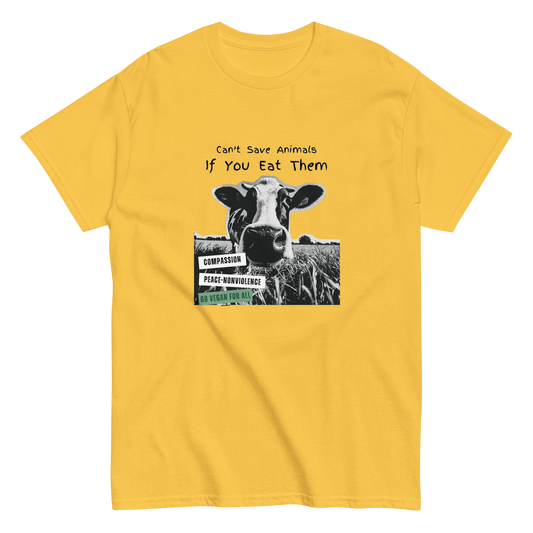 Daisy yellow unisex tee with halftone cow graphic and text Can't Save Animals If You Eat Them - vegan animal rights design by Ken Law Art
