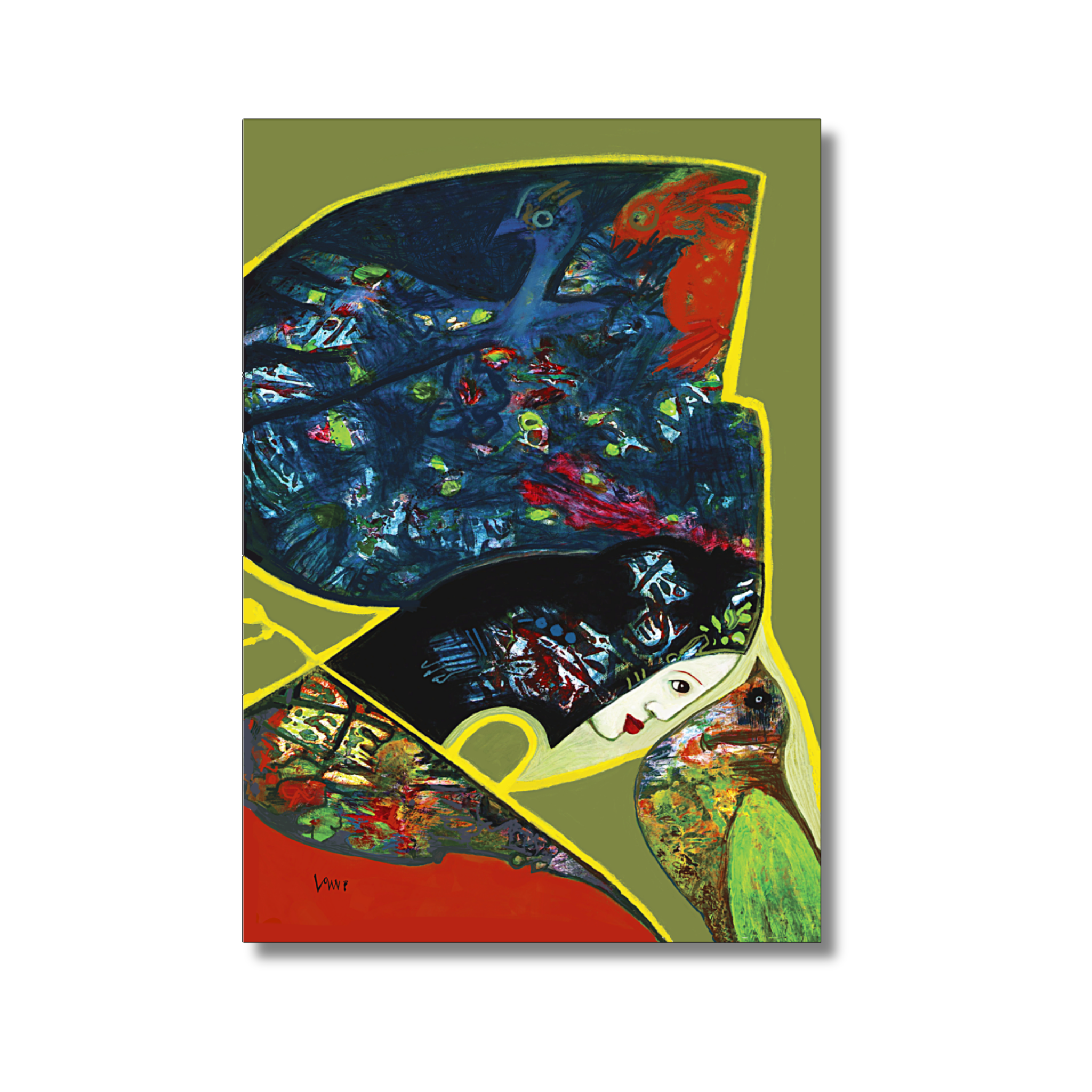 Bird N Girl — Green Version | Original Art Print by Ken Law