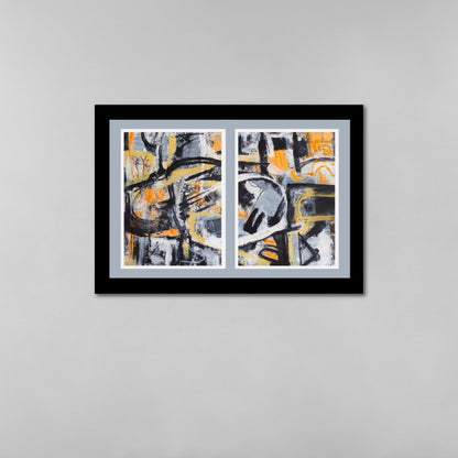 Single framed diptych abstract art piece with black, yellow, and gray colors on a gray wall.