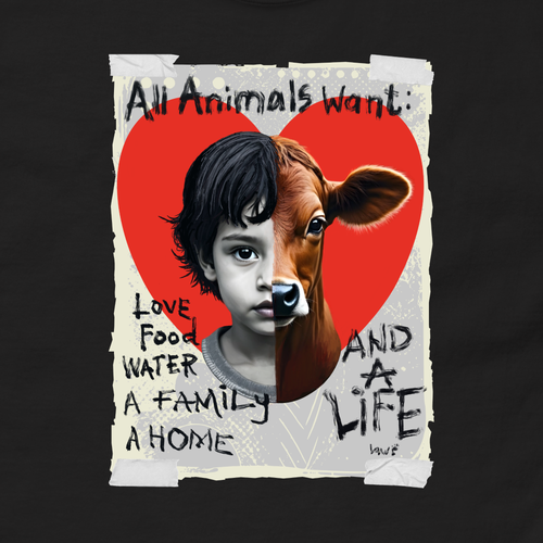Collage with a child's face and cow's head on a red heart background with text about animal needs.