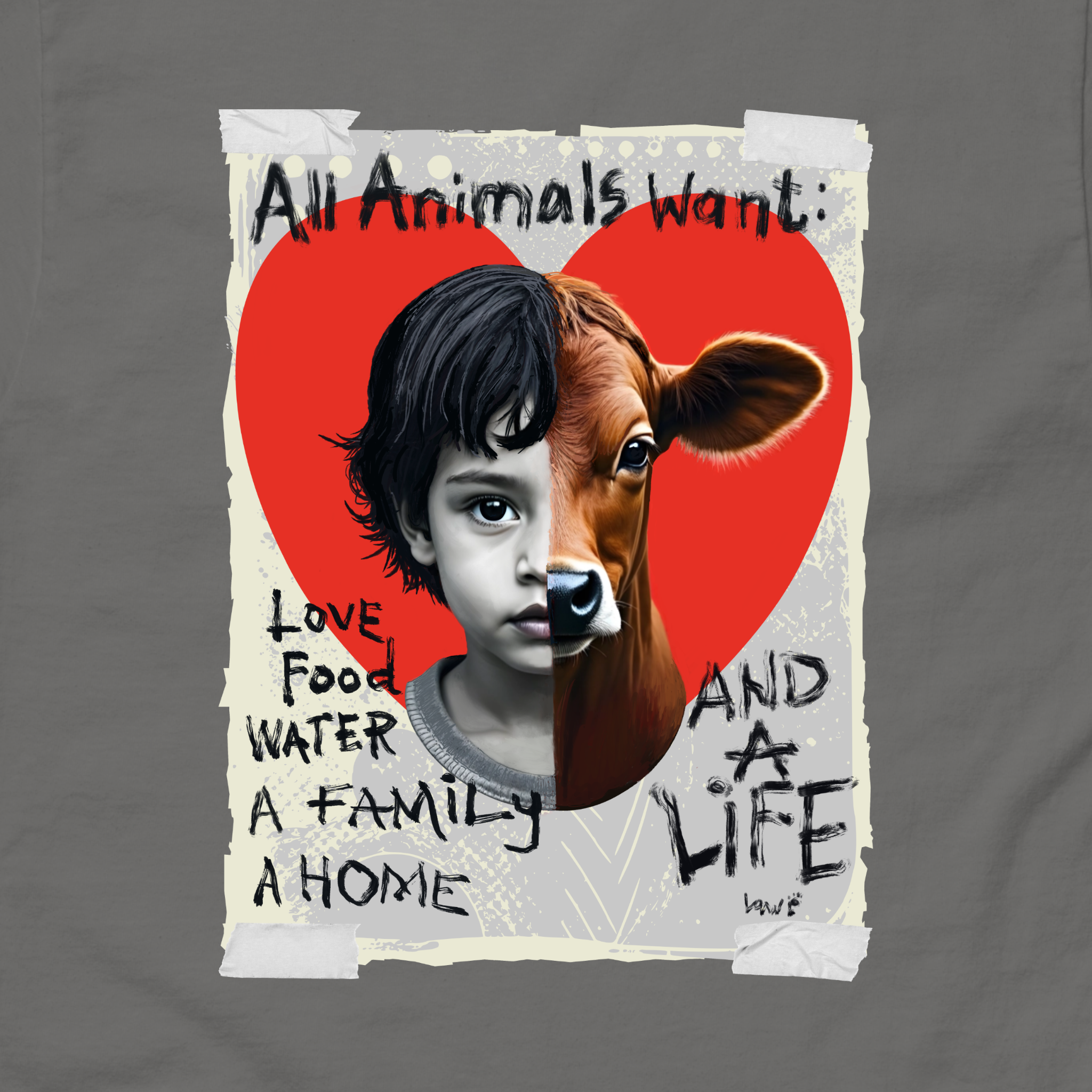 Charcoal unisex tee with split child and calf face design reading 'All Animals Want: Love, Food, Water, A Family, A Home, And A Life' - by Ken Law Art