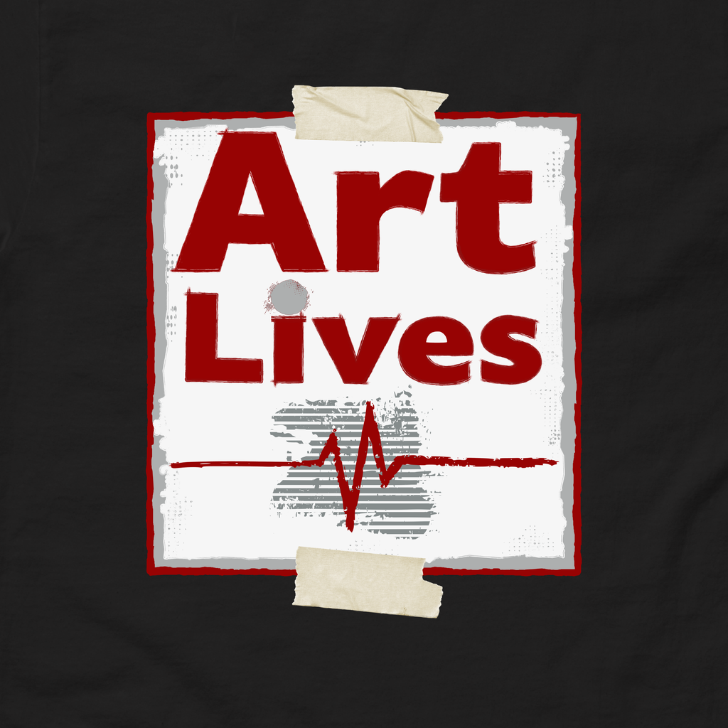 Close-up of a black t-shirt with 'Art Lives' text with heart beat graphic