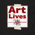 Close-up of a black t-shirt with 'Art Lives' text with heart beat graphic