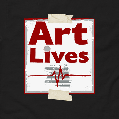 Close-up of a black t-shirt with 'Art Lives' text with heart beat graphic