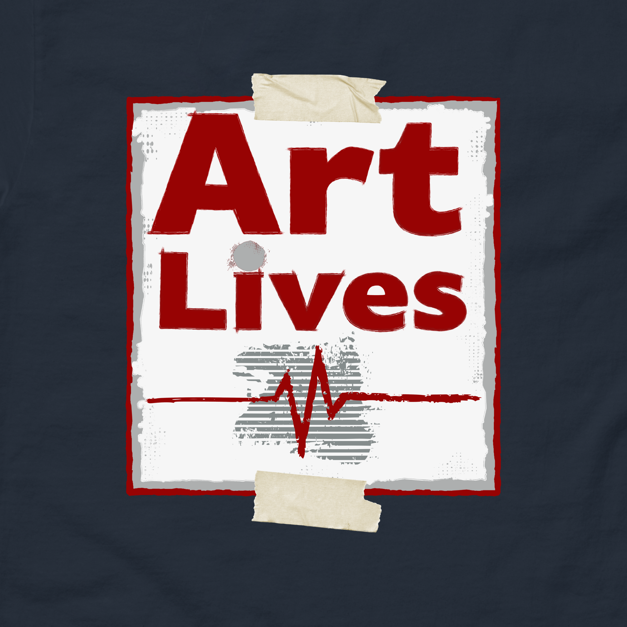 T-shirt with 'Art Lives' graphic design on a dark navy blue close-up t-shirt