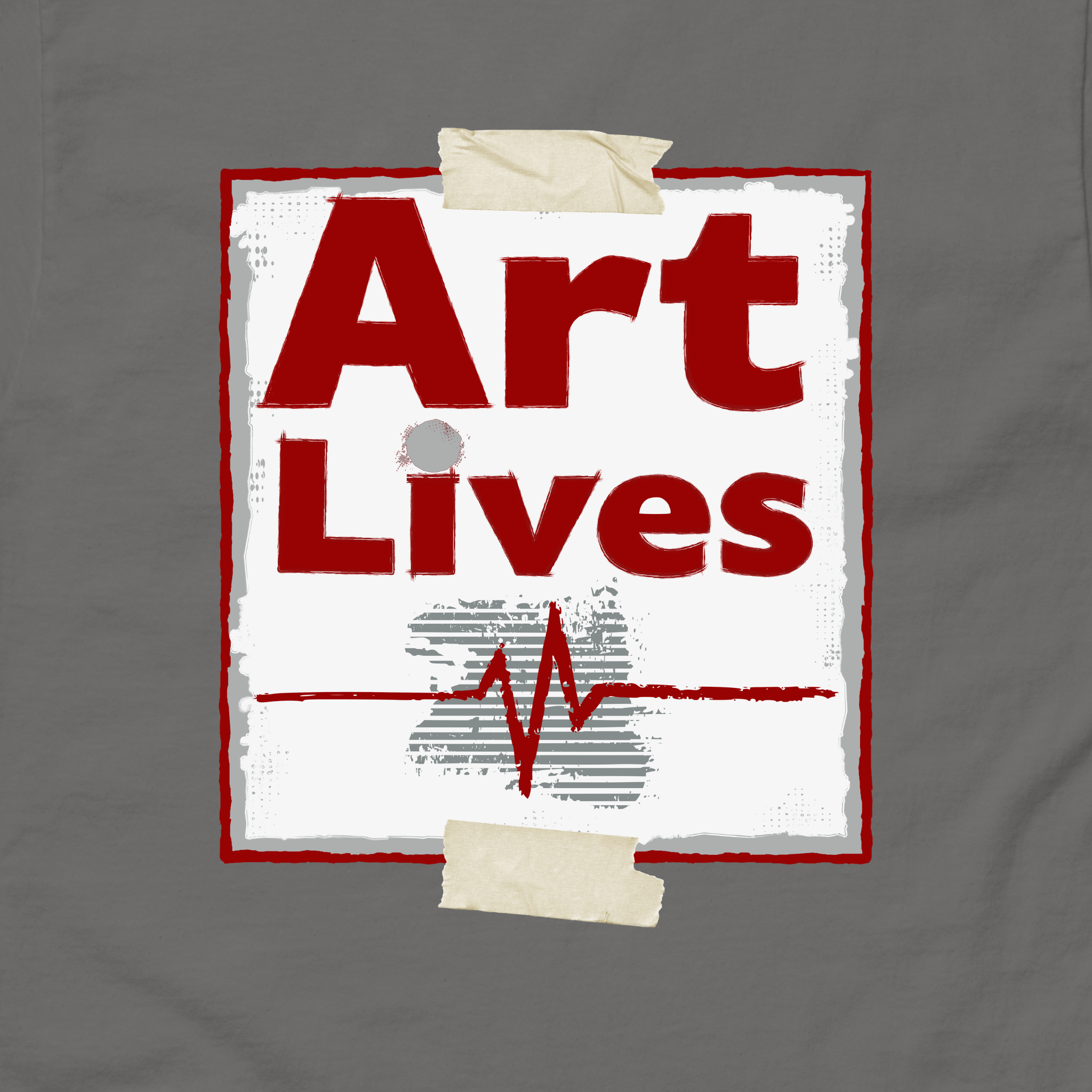 Flat lay of charcoal unisex tee with cardiograph heartbeat design - Art Lives by Ken Law Art