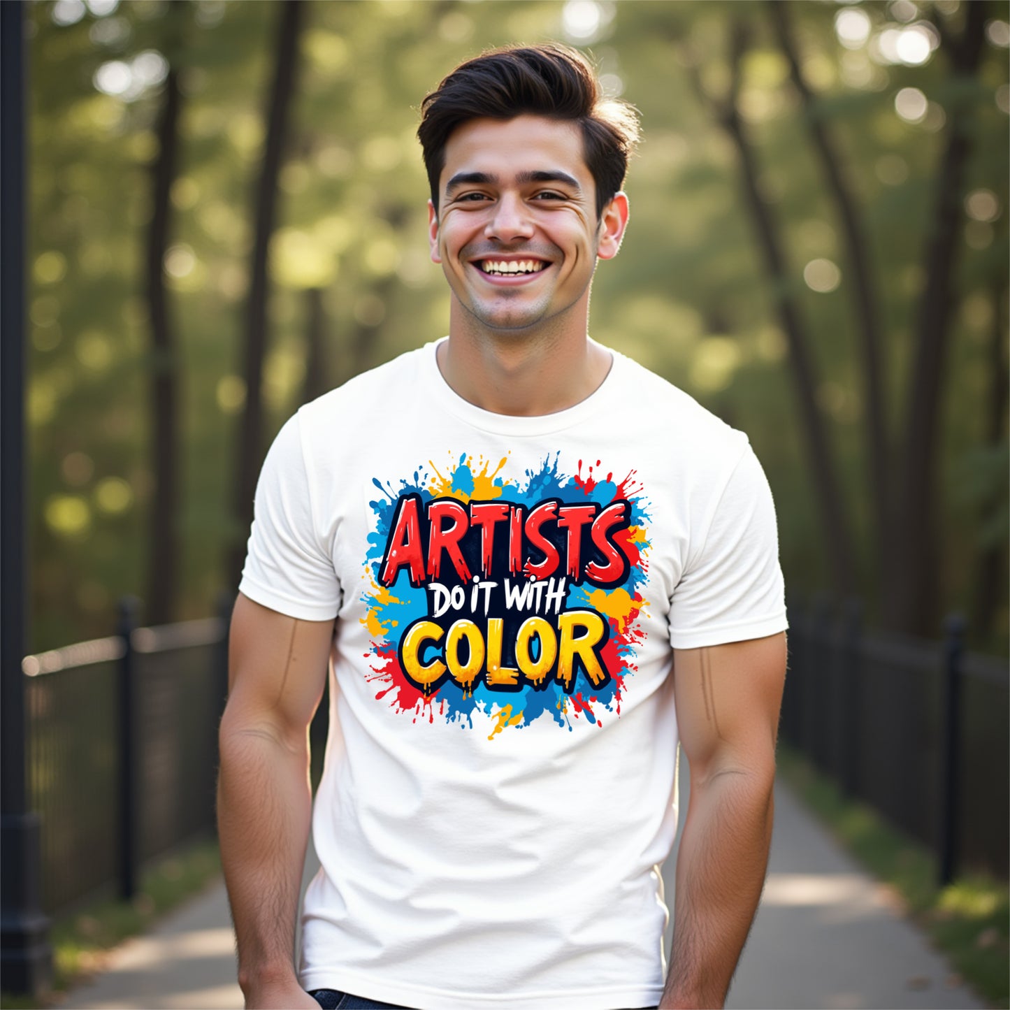 Man wearing a white t-shirt with 'Artists Do It With Color' design in a forest setting