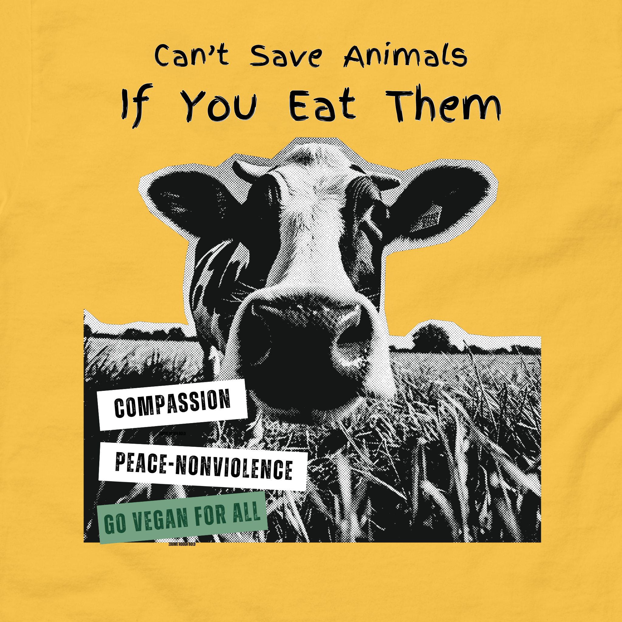 Cow in a field with text倡导素食主义