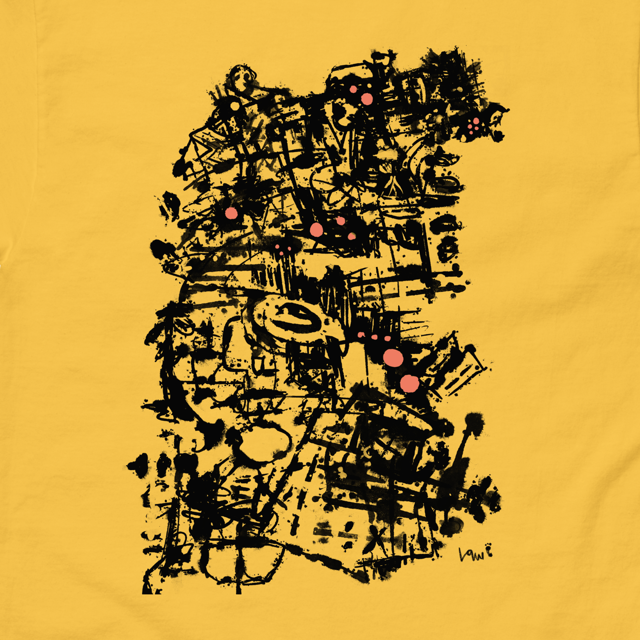 Abstract black design using ink and brush of a woman wearing a head dress on a yellow background