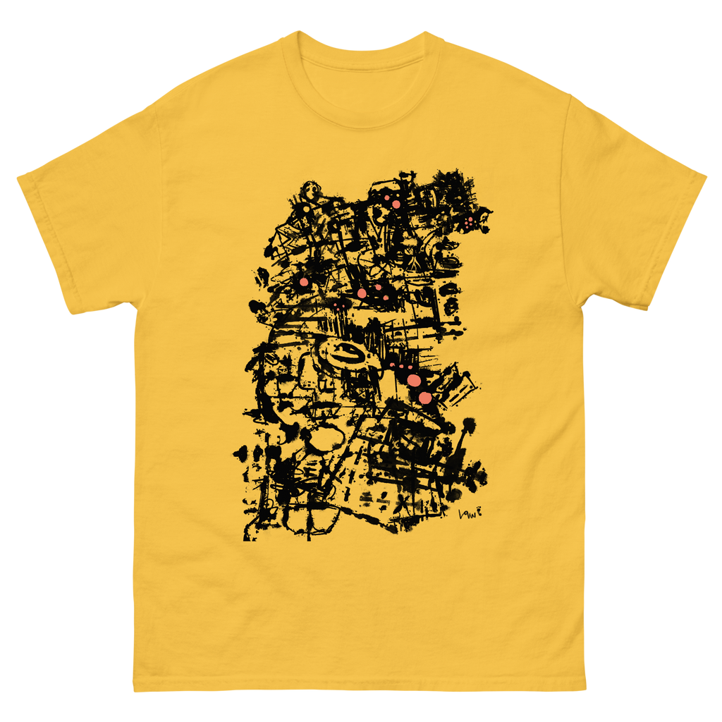 Brush ink of a woman's face on a Yellow t-shirt painted loosely