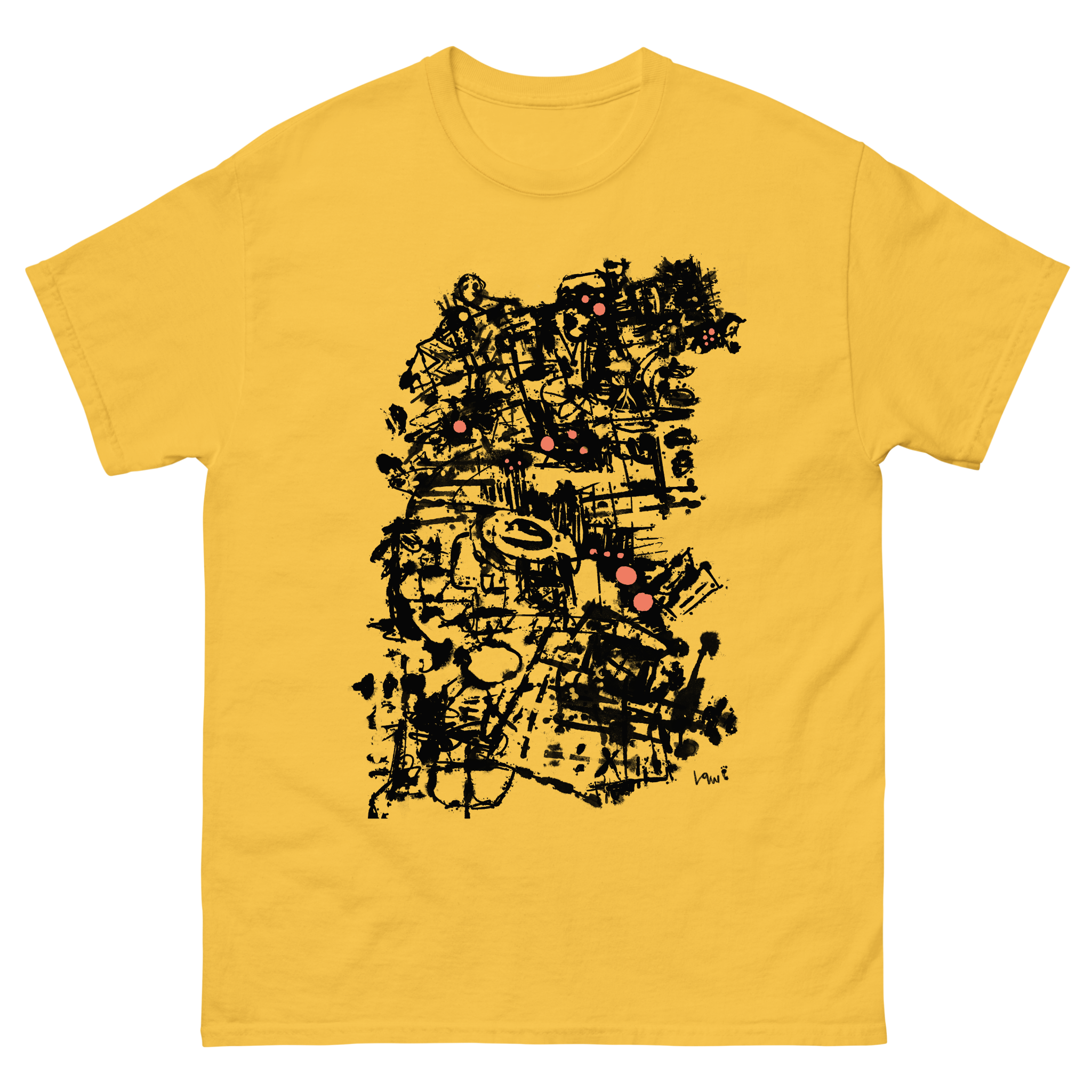 Brush ink of a woman's face on a Yellow t-shirt painted loosely