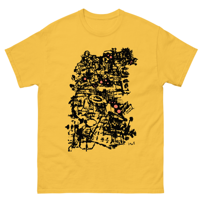 Brush ink of a woman's face on a Yellow t-shirt painted loosely