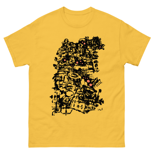 Brush ink of a woman's face on a Yellow t-shirt painted loosely