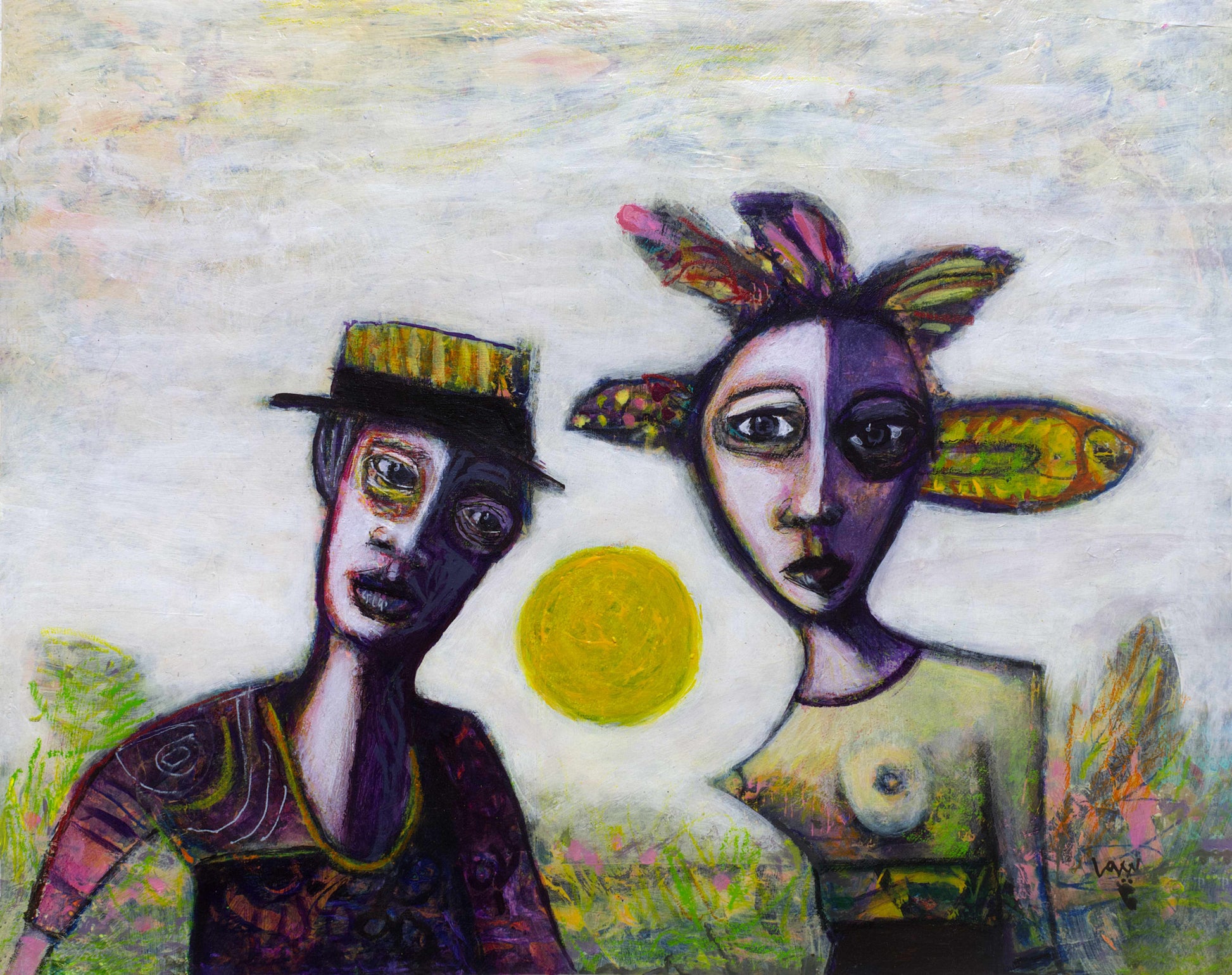 Two stylized figures with colorful attire and a sun in the background on a textured surface. Resembles neo-expressionism