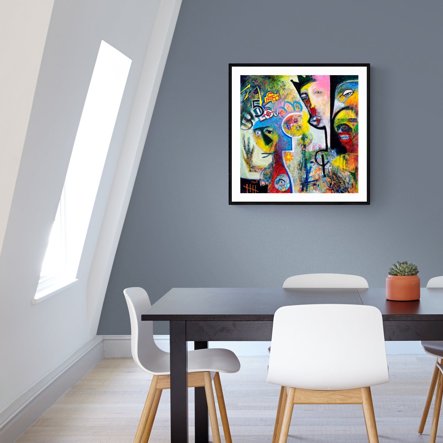 Dining room with a colorful abstract painting of street art on the wall