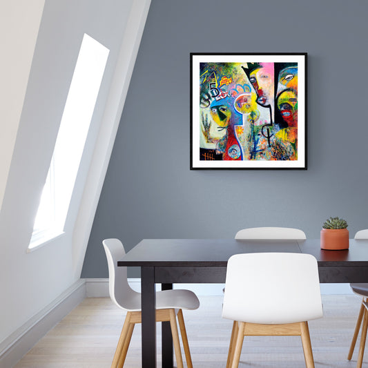 Dining room with a colorful abstract painting of street art on the wall