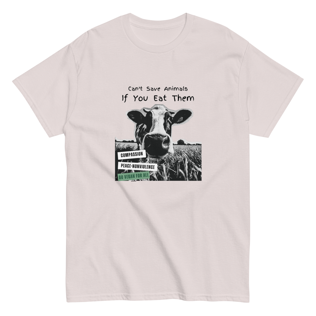 Ice grey unisex tee with halftone cow graphic and text Can't Save Animals If You Eat Them - vegan animal rights design by Ken Law Art