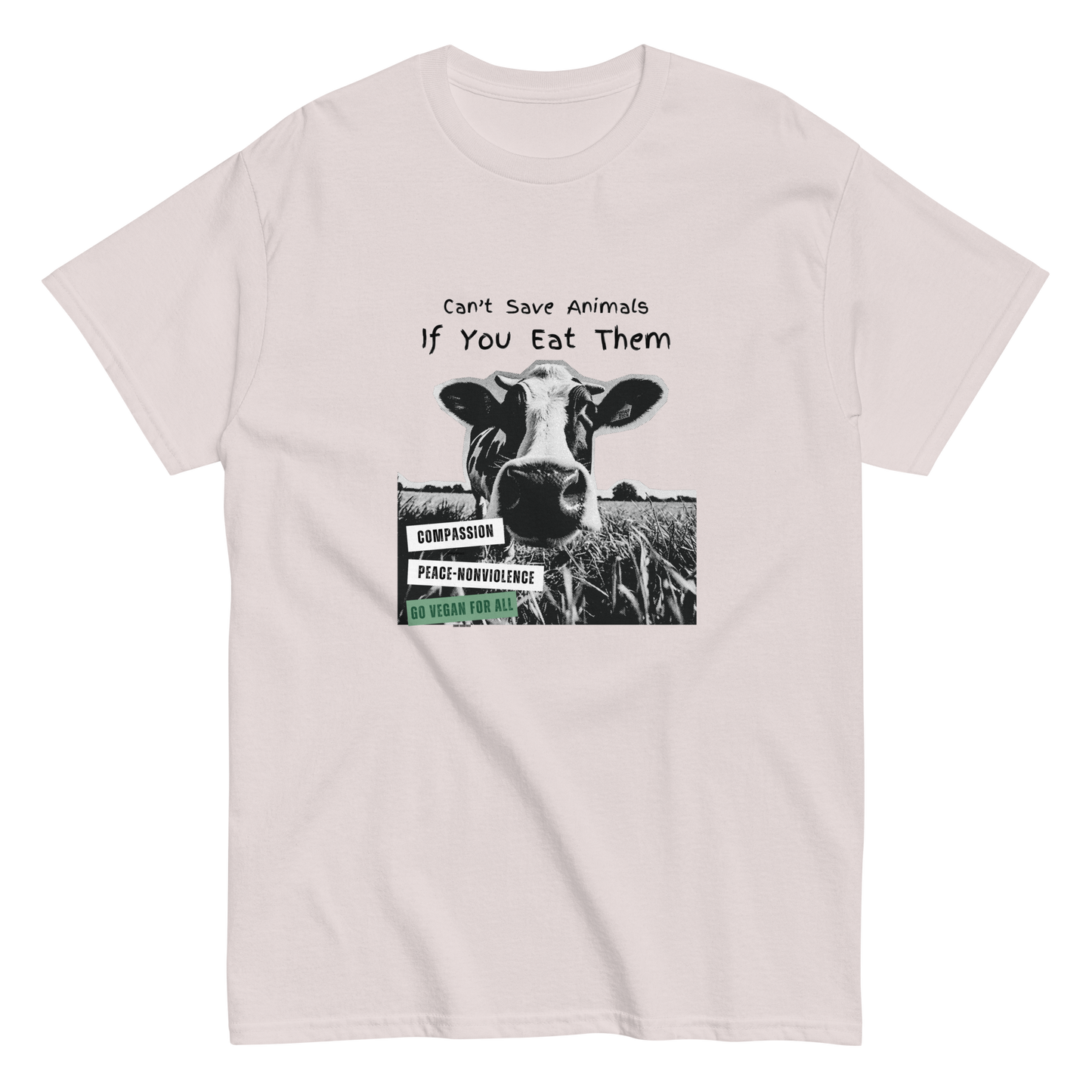 Ice grey unisex tee with halftone cow graphic and text Can't Save Animals If You Eat Them - vegan animal rights design by Ken Law Art