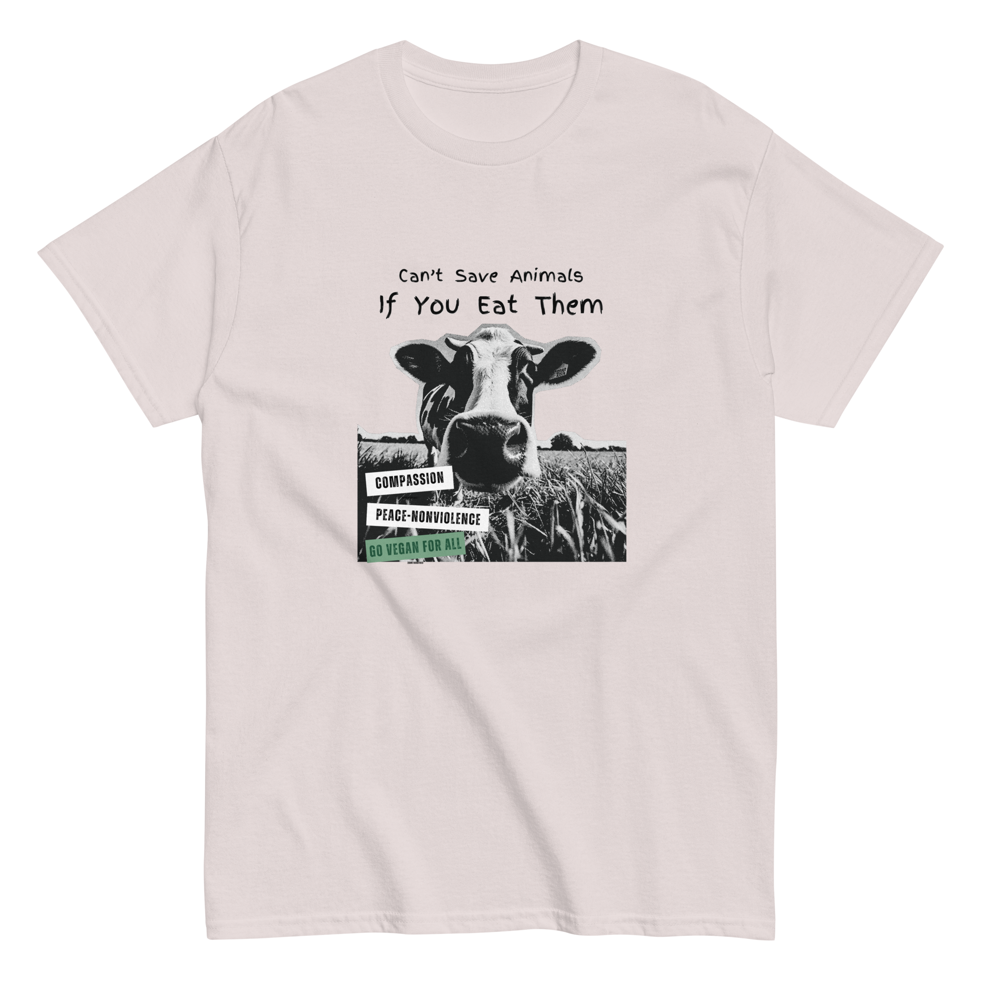 Ice grey unisex tee with halftone cow graphic and text Can't Save Animals If You Eat Them - vegan animal rights design by Ken Law Art