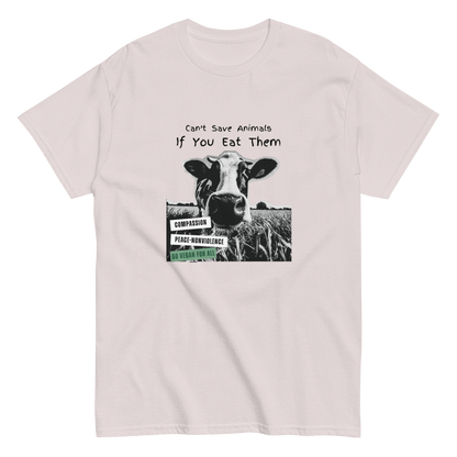 Ice grey unisex tee with halftone cow graphic and text Can't Save Animals If You Eat Them - vegan animal rights design by Ken Law Art