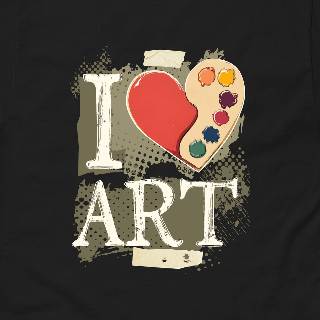 Black t-shirt with 'I ❤️ ART' design featuring a heart and paint palette.