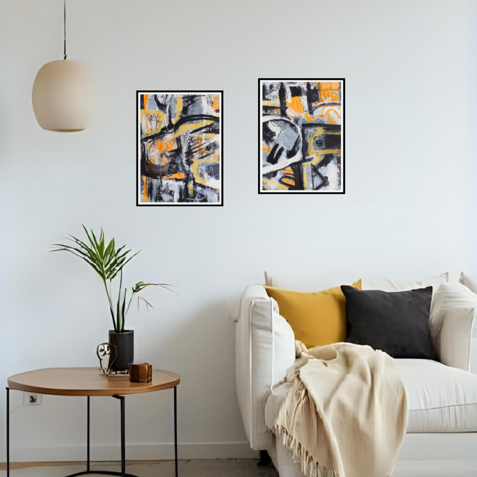 Modern living room with abstract art, a white sofa, and a small round table.