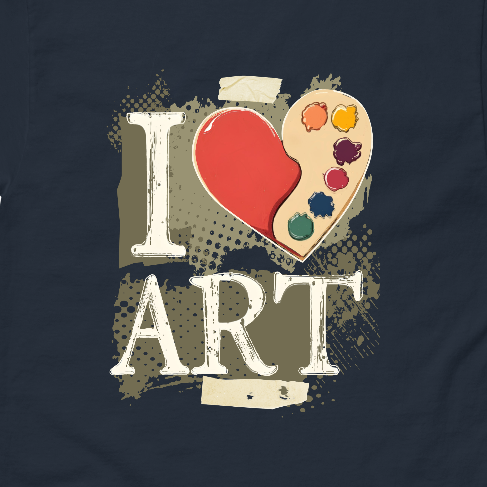Navy blue t-shirt with 'I ❤️ ART' design featuring a heart and paint palette.