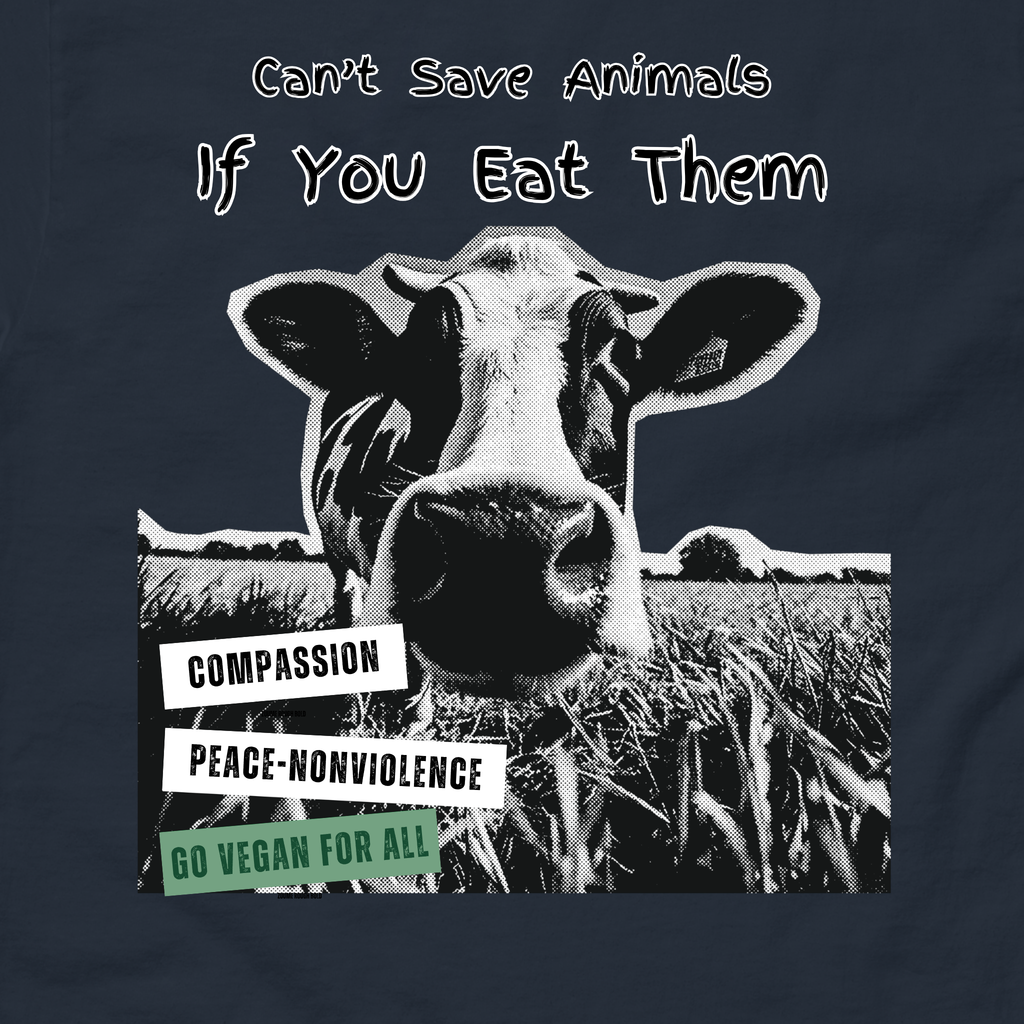 Cow in a field with text倡导素食主义