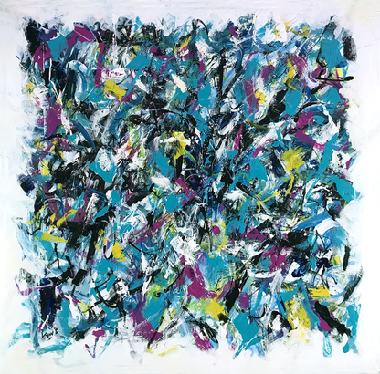 An abstract square painting filled with energetic, expressive brushstrokes in turquoise blue, black, white, magenta purple, and bright yellow on a white canvas background.