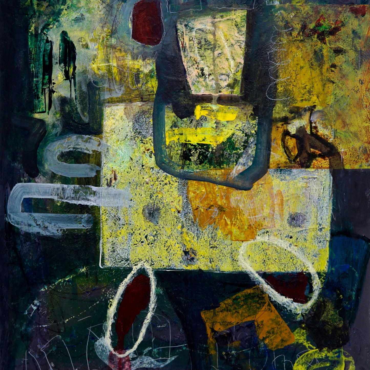 Abstract artwork with geometric shapes and contrasting colors on a white background