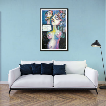 Living room with a white sofa, blue pillows, and a colorful neo-expressionist abstract painting on a light blue wall.