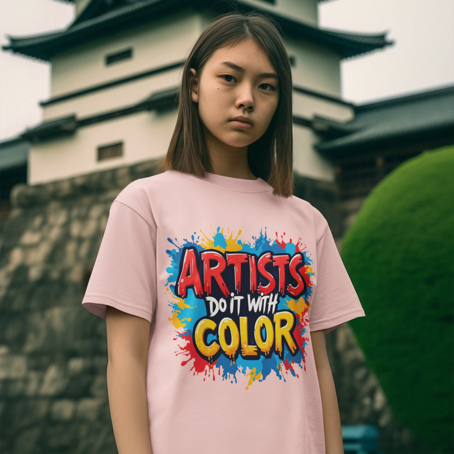 Person wearing a pink t-shirt with colorful text in front of a traditional building.