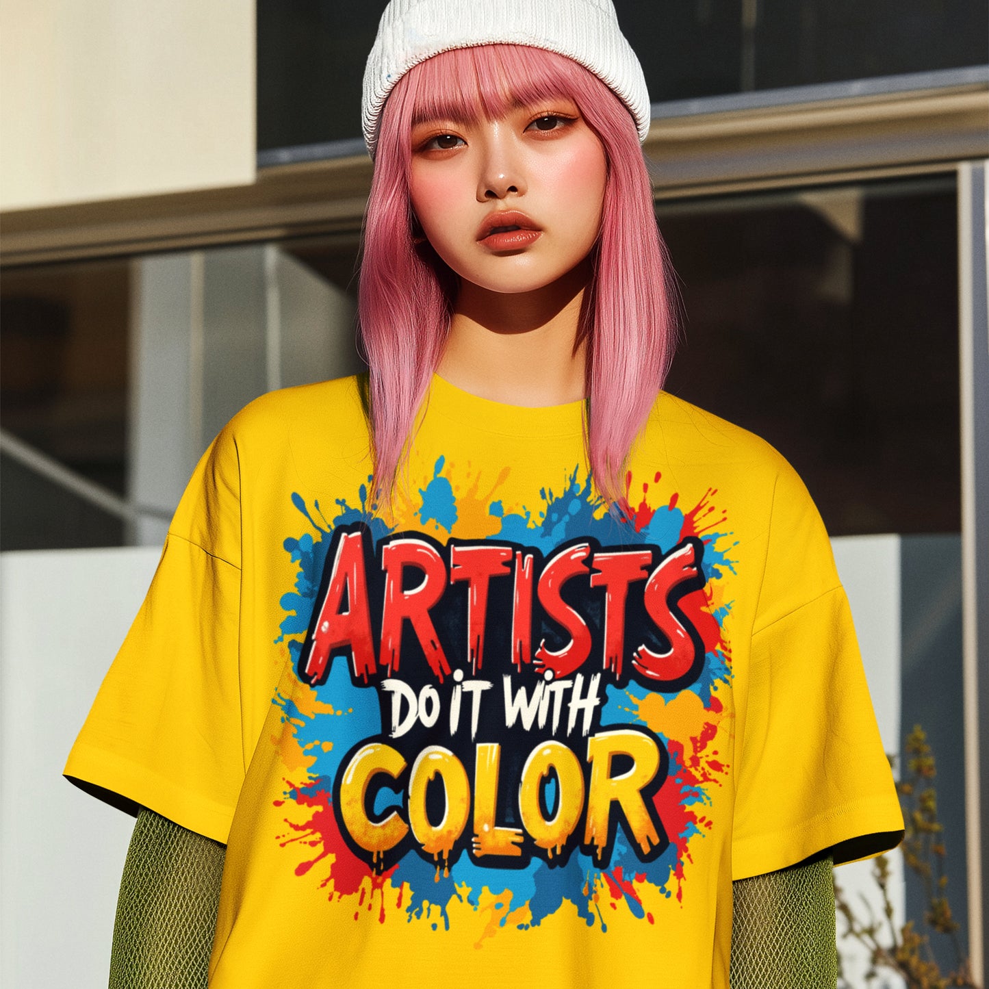Person wearing a yellow t-shirt with 'Artists Do It With Color' text and colorful design.