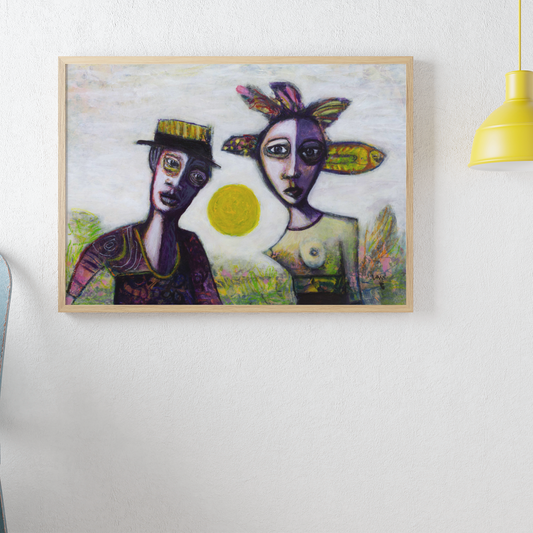 Framed artwork of two stylized figures with a yellow sun on a white wall.