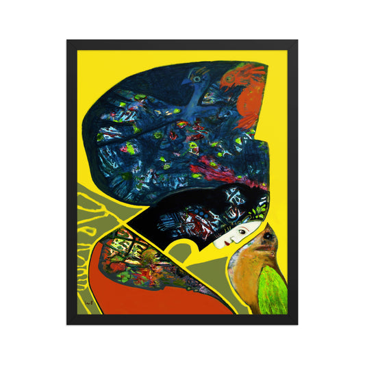 Colorful Japanese girl and bird artwork with a black frame on a white wall.