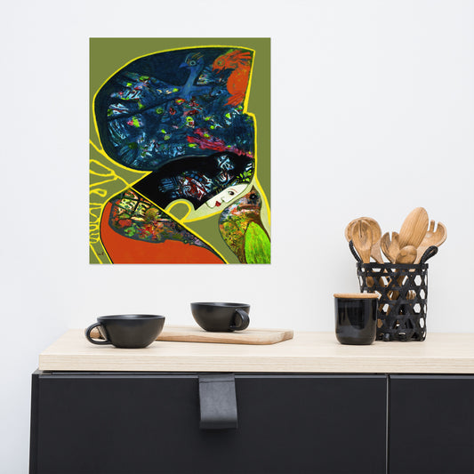 Colorful abstract painting on a wall above a kitchen counter with utensils of a small bird and a Japanese or Chinese Woman.