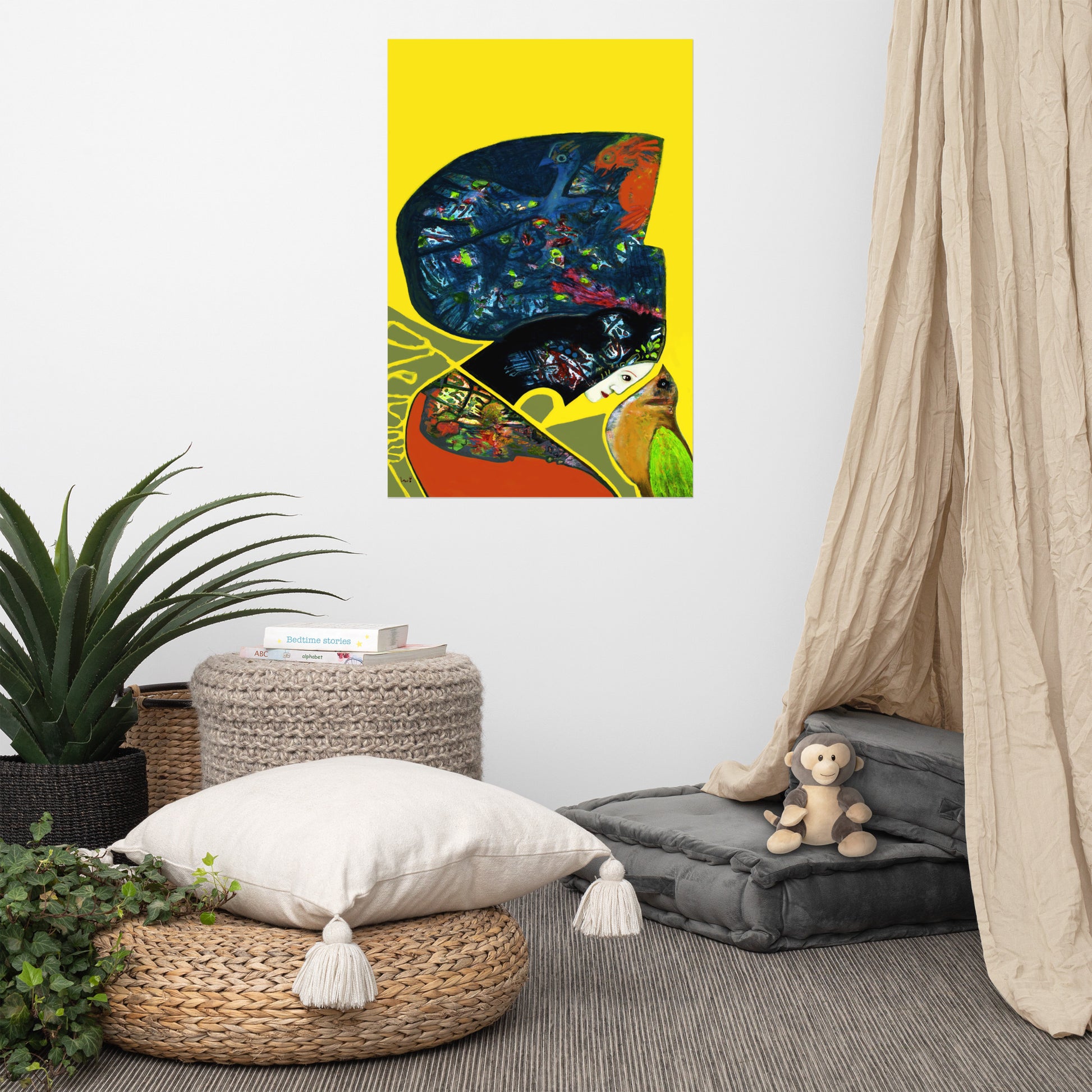 Bird N Girl Room interior with a colorful abstract painting on the wall, plants, and a pouf.