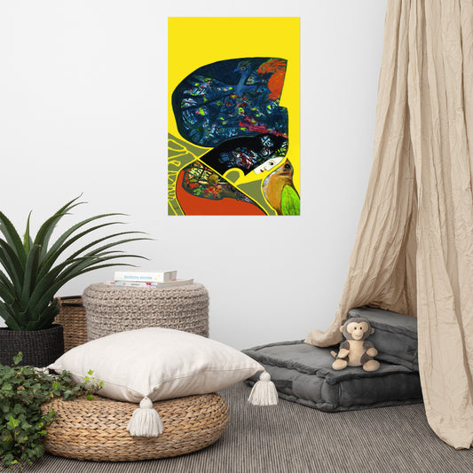 Bird N Girl Room interior with a colorful abstract painting on the wall, plants, and a pouf.