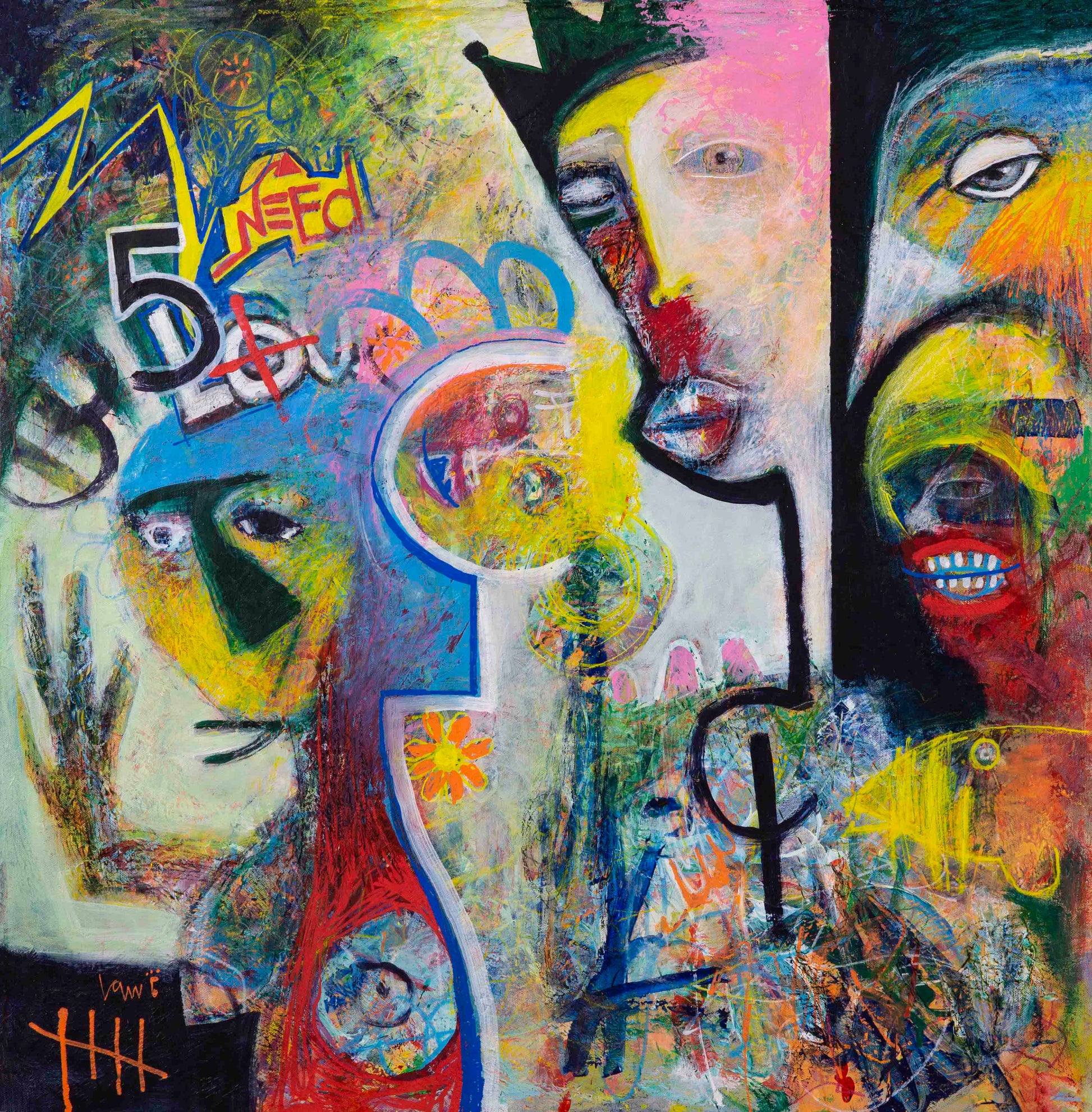 Abstract artwork with colorful faces and text