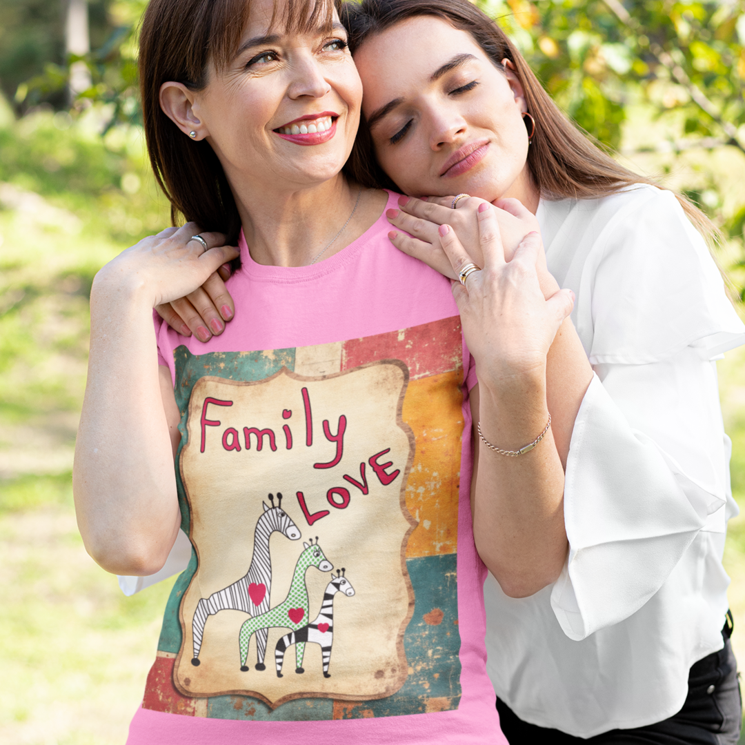 Two women embracing outdoors with one wearing a pink shirt with 'Family Love' and zebra design.