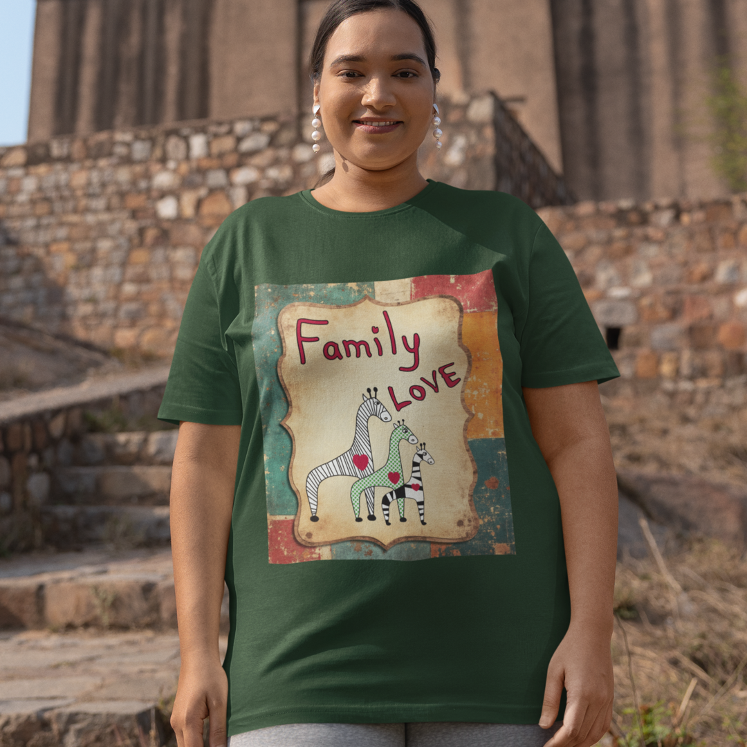 Person wearing a green t-shirt with 'Family Love' design in front of stone steps.