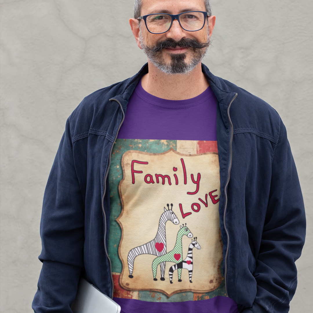 Man wearing a purple t-shirt with 'Family Love' design against a plain background