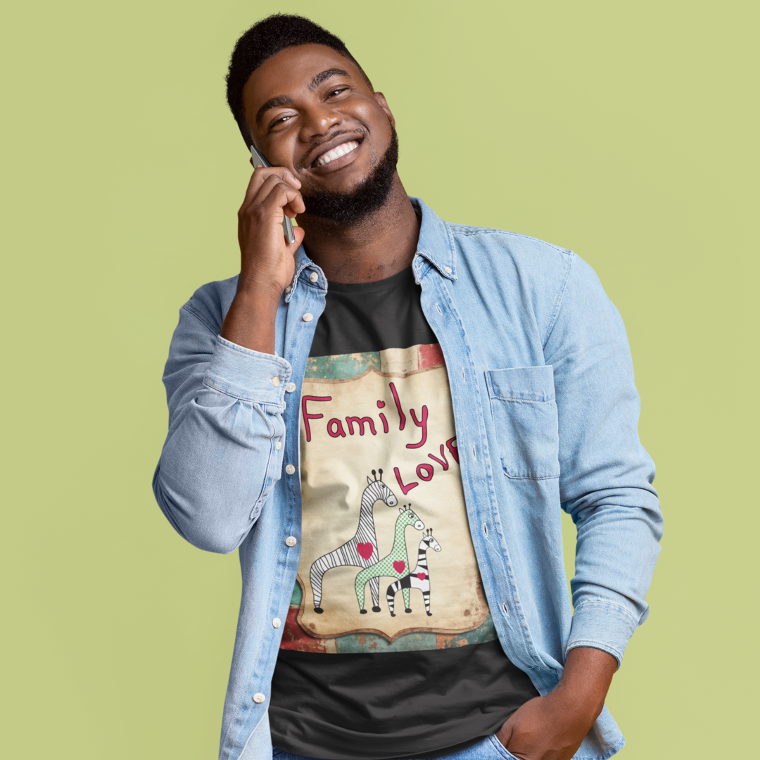 Man wearing a denim jacket over a graphic t-shirt with 'Family Love' text and zebra design on a green background