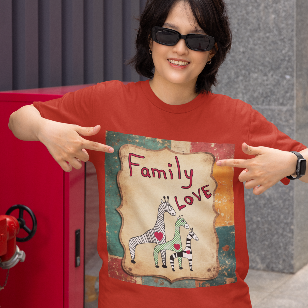 Person wearing a red t-shirt with a graphic design of zebras and 'Family Love' text, pointing at the design.